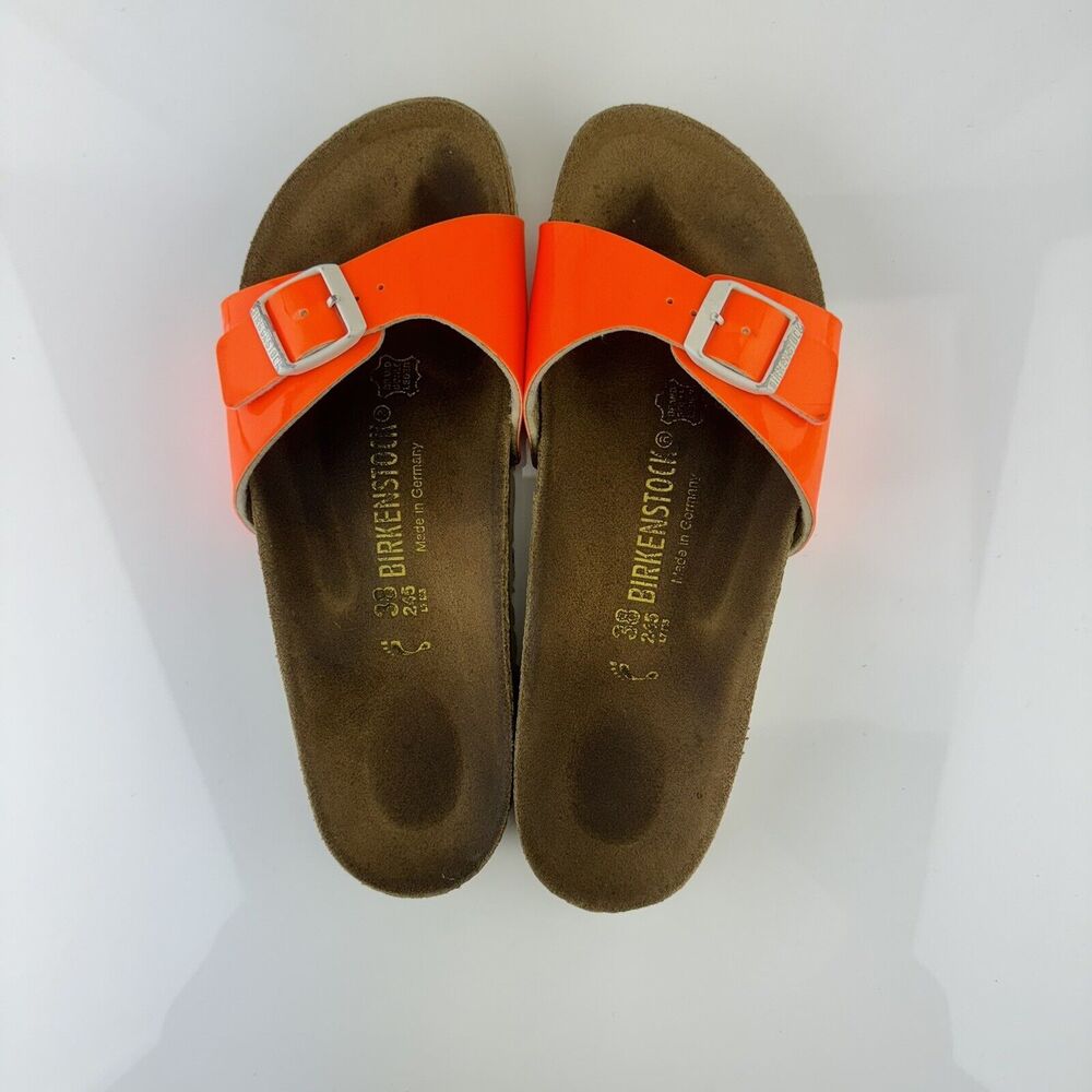 Birkenstock Madrid Slides Sandals Size 38 US 7 Patent Leather Neon Orange Shoes